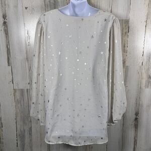 Adrienne Blouse L | White | Silver Stars | Balloon Sleeves | Lined | MSRP $78
